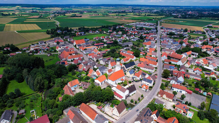 A panorama aerial view around the old town of the city Steinheim 89407 Dillingen in Germany on a sunny spring morning