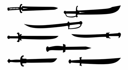 Silhouette Sword Weapon Pack featuring various styles including katana, saber, broadsword, and fantasy blades. Perfect for game design, logos, emblems, and illustrations.