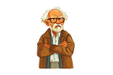 Illustration of grumpy old man with arms crossed and wearing brown jacket, isolated on white or transparent background