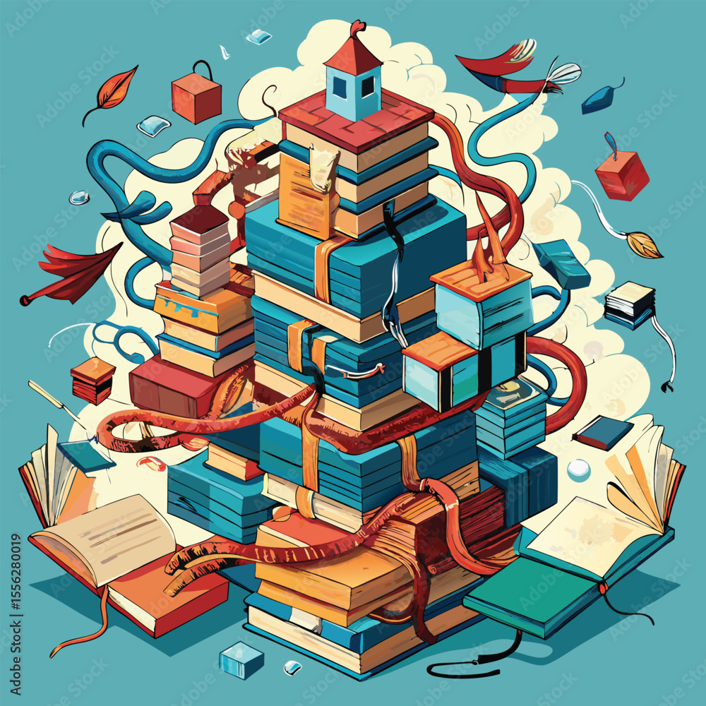 Poster a massive, floating ziggurat made of open books, scrolls, and neural networks winding like vines up 