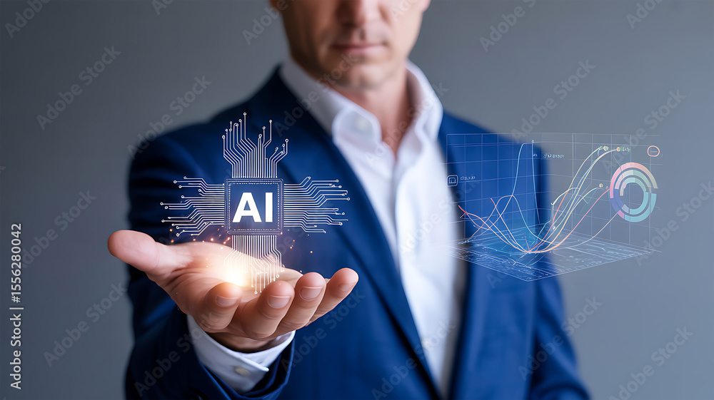 Poster businessman presents ai technology with holographic data visualizations and circuit board integratio