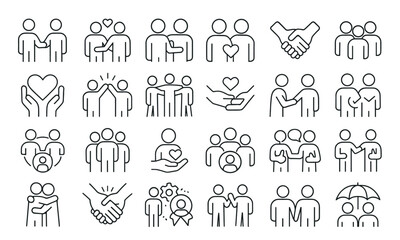 Friendship line editable icons set, vector illustration in modern thin line style of people relationships, support, trust, teamwork, cooperation, partnership, happiness, diversity