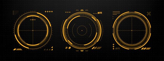Futuristic hud vector graphics elements illustrating target aiming and digital display concepts for game interface.