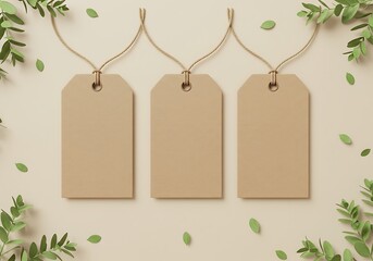Three Empty Kraft Paper Tags Hanging with Twine Surrounded by Green Leaves and Petals