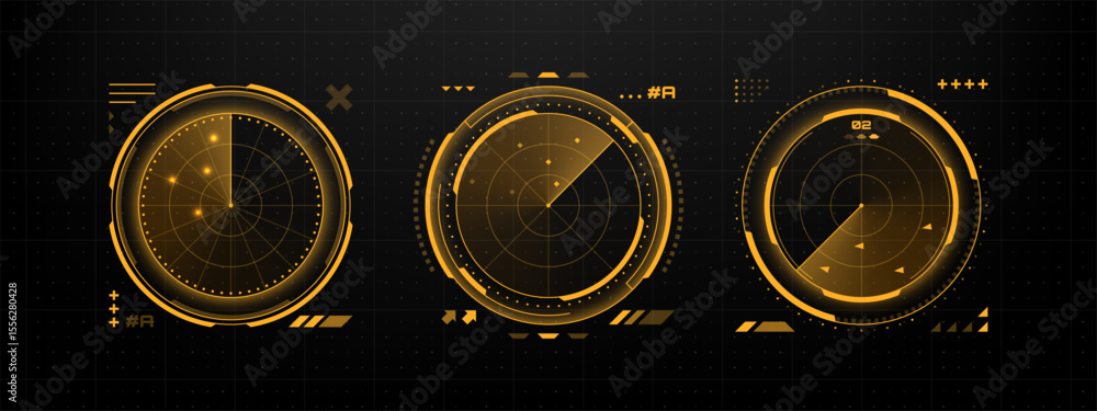 Aufkleber set of three radar-like screens with yellow hud elements. digital interface for scanning and monitor