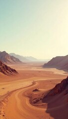 Naklejka premium Serene Solitude A Vast Deserted Landscape Under a Pale Sky, Evoking Quiet Contemplation and Profound Stillness in Nature