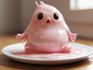 Pink, blob-like creature, melting on a plate