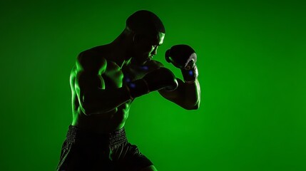 Sportsman in action shot, with glowing gloves contrasting against deep green background, captures the essence of strength and agility.