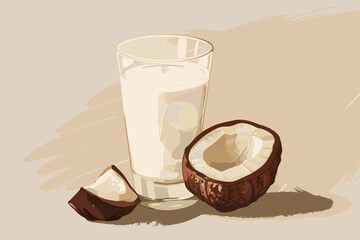 Vector illustration of coconut milk in a glass, split coconut  on beige backdrop