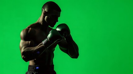 The male boxer in glowing stance against green background, exemplifies athleticism and sportsmanship in a dynamic action shot.