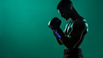 The boxer's silhouette with glowing blue gloves stands out against the green backdrop, showcasing strength and resilience through action shot focus.