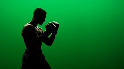 The male figure with glowing boxing gloves, captured against vibrant green backdrop, embodies fitness and sports spirit through powerful movement elements.