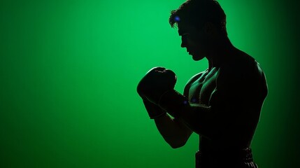 A male figure in a dynamic boxing pose against a vibrant green background, showcasing intense physical activity and strength with dramatic lighting highlighting the silhouette.
