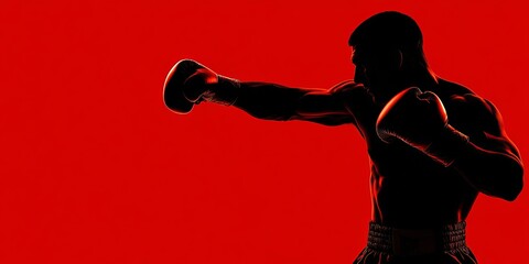 A fighter's powerful stance in glowing gloves, set against a red background, highlighting the intensity of sports competition.