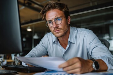 Fototapeta premium Focused on Financials: A determined individual in spectacles intently reviews documents, conveying dedication and focus in a professional workspace.