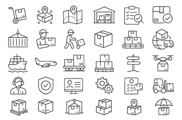 Editable logistics service icons set, supply chain, shipping, distribution, warehouse, transportation, global delivery, export, import, cargo, vector illustration, logistics management, business.
