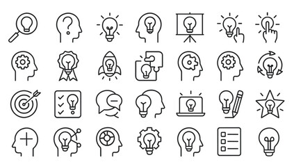 Idea Editable Icon Set, vector illustration, creativity, brainstorming, thinking, innovation, solution, collaboration, outline, concept, web design, infographics, light bulb, business process.