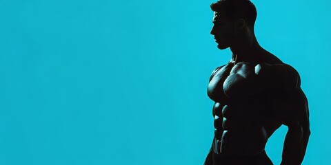 In this dramatic studio lighting setup, the silhouette of a bodybuilder stands out against the blue background, showcasing his muscular physique in an athletic pose.