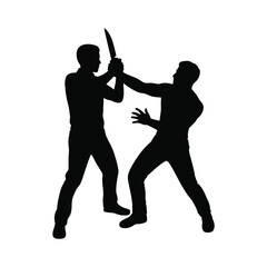 Silhouette of two men fighting with a knife on white background