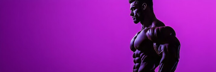 Strongly defined physique of a fitness model against a vibrant purple backdrop; dramatic lighting highlights his muscular silhouette in a dynamic profile view.