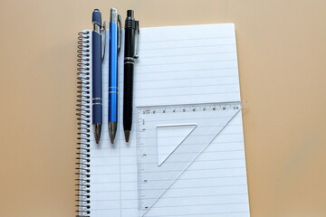 Office supply. Ready for school or work. Pen, paper and ruler. Take notes.