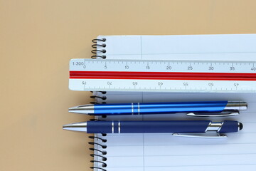 Office supply. Ready for school or work. Pen, paper and ruler. Take notes.