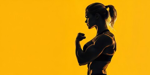 The dynamic pose of a muscular woman is captured dramatically by bold colors and high contrast lighting, emphasizing her strength in an intense fitness industry shoot.