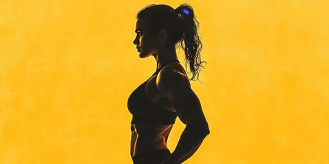 A powerful athlete stands confidently under golden hour light, her muscular body highlighted in a dynamic pose against the black background for a fitness model session.