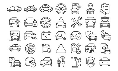 Car Line Editable Icons Set, vehicle service pictograms for mobile apps, car repair, wash, tech review, automotive maintenance, garage infographics, speedometer dashboard, cutout icons