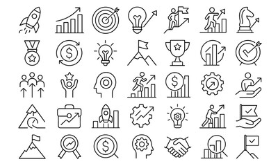 Editable business growth icons set, modern thin line vector illustration, startup launch, finance graph, profit arrow, investment outline, management symbols, png, market dynamics, roadmap.