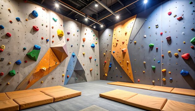 Indoor climbing gym featuring colorful bouldering walls and padded mats for safety