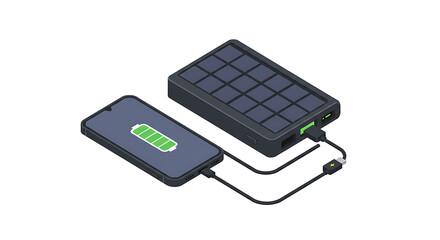 Isometric Vector Illustration of Solar Panel Power Bank Charging Smartphone — Eco-Friendly Renewable Energy Concept