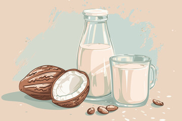 Vector illustration of coconut milk in a glass and bottle, split coconut  on a peach and blue backdrop