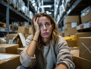 Weary Worker Amidst Cardboard Chaos: A worker, weary from work with a look of discouragement, is surrounded by packed boxes in a warehouse.