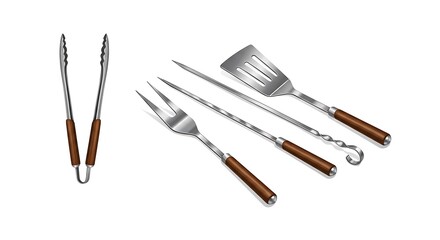 A realistic vector of a stainless steel BBQ grill set with tongs, skewers, spatula, and fork, centered on a clean white background
