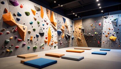 Indoor bouldering gym with colorful climbing walls and safety mats for climbers