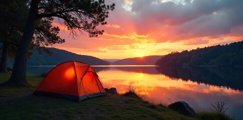Serene lakeside camping scene at sunset Tent pitched near tranquil water, trees in background Perfect for travel, nature, and outdoor recreation themes , canoe, water, backpacking