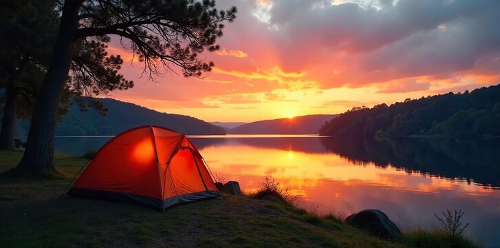 Serene lakeside camping scene at sunset Tent pitched near tranquil water, trees in background Perfect for travel, nature, and outdoor recreation themes , canoe, water, backpacking