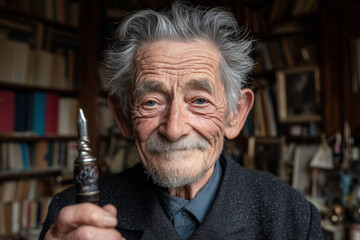 Senior Portrait: A distinguished senior man with a kind smile, holding a vintage object in a cozy, book-lined study, exudes wisdom and warmth.