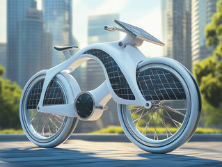 Solar-Powered Bicycle: A futuristic concept of sustainable transportation, this sleek bicycle integrates solar panels, embodying innovation and eco-conscious design for urban mobility.