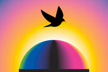 digital art composition featuring a black silhouette of a bird in flight against a vibrant gradient sky (1)
