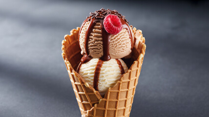 Drizzled Delight Gourmet Ice Cream Cone in Dramatic Light (1)