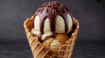 Drizzled Delight Gourmet Ice Cream Cone in Dramatic Light (1)
