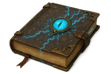 Closed magic book with glowing eye and electricity sparks is emanating magical energy, isolated on transparent background, perfect for fantasy projects