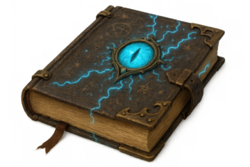 Closed magic book with glowing eye and electricity sparks is emanating magical energy, isolated on transparent background, perfect for fantasy projects