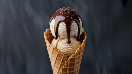 Drizzled Delight Gourmet Ice Cream Cone in Dramatic Light (1)