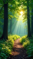 Sunlit Forest Path A Magical Winding Trail Through Lush Greenery, Perfect for Travel and Adventure Photography