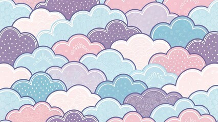 Colorful Clouds Seamless Pattern with Textured Details, Pastel Shades, and Whimsical Designs for Backgrounds and Creative Projects.