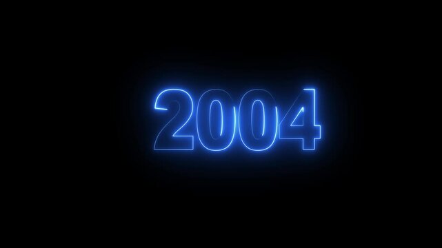 Glowing neon numeric text 2004 year countdown icon background 4k animation. cyan neon font alpha year. Neon year 2004 with alpha channel, Energy neon 2004 year.