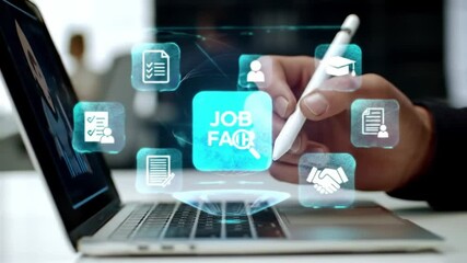 Online Job Fair Concept Person Using Laptop Stylus to Interact with Digital Interface Featuring Career Recruitment Icons